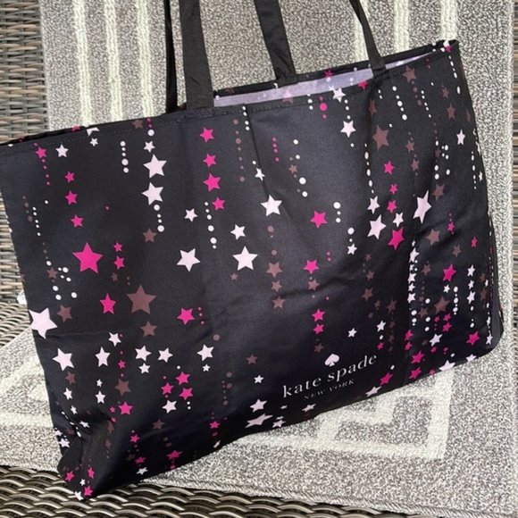 Kate Spade Black Multi Color with Light and Dark Pink Stars Canvas Tote XL Reusa - Picture 5 of 16